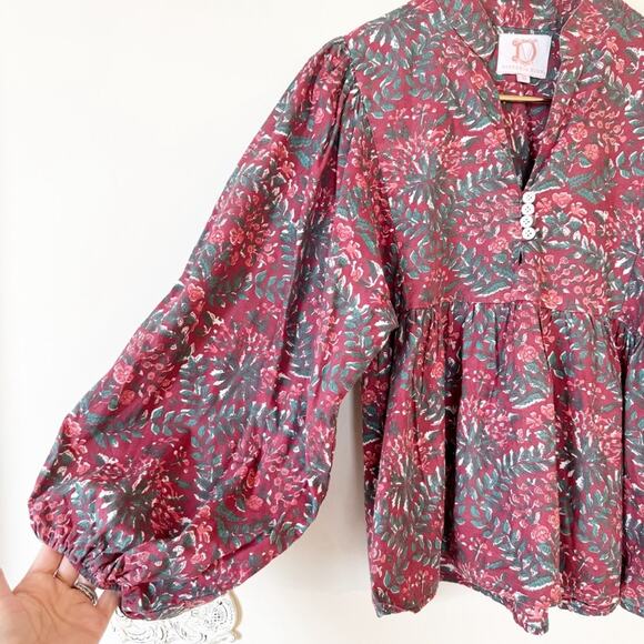 Victoria Dunn Balloon Sleeve Babydoll Boho Brownwen Blouse in Lava Falls XS - Picture 4 of 8